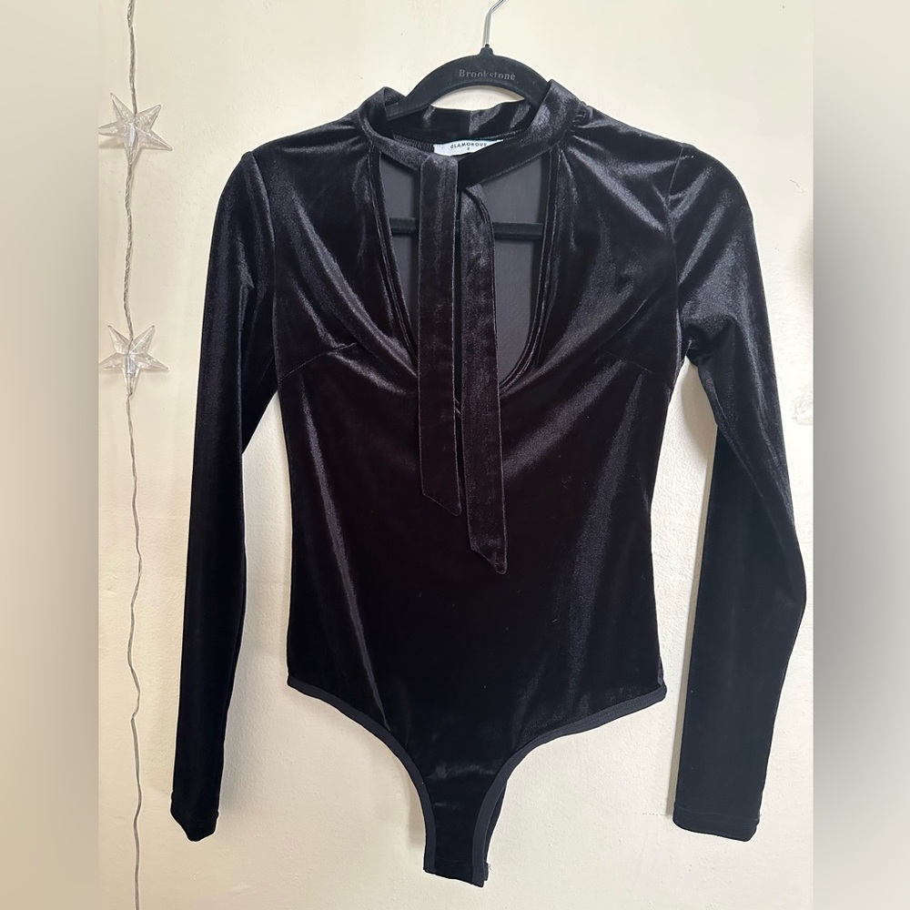 Glamorous Black Velvet Tie Bodysuit